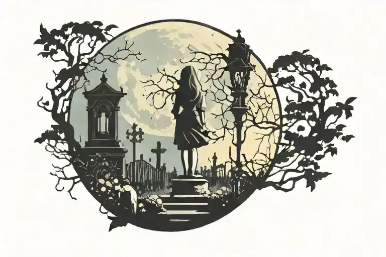 Silhouette Of A Girl In A Cemetery Against The Background Of The Moon Looking Up View From The Back