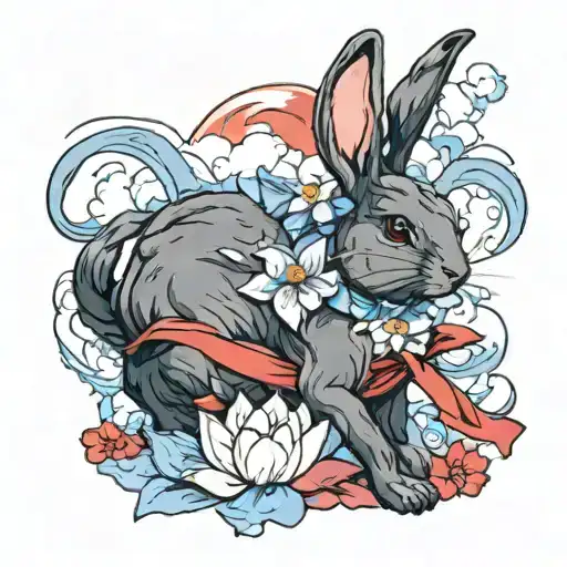 Black Rabbit With Red Ribbon On Lotus White Rabbit With Blue Ribbon On Cloud