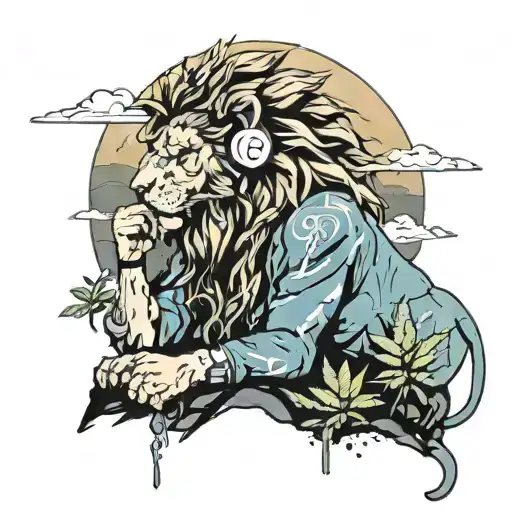 A Lion With A Weed Cigarette Sitting On Top Of A Mountain With Headphones Looking At The Horizon