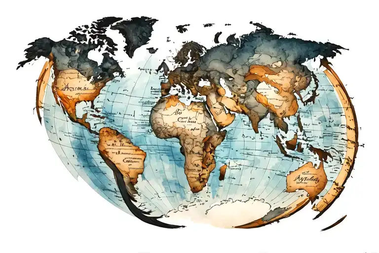 World Map Sagittarius Spine Tattoo Design