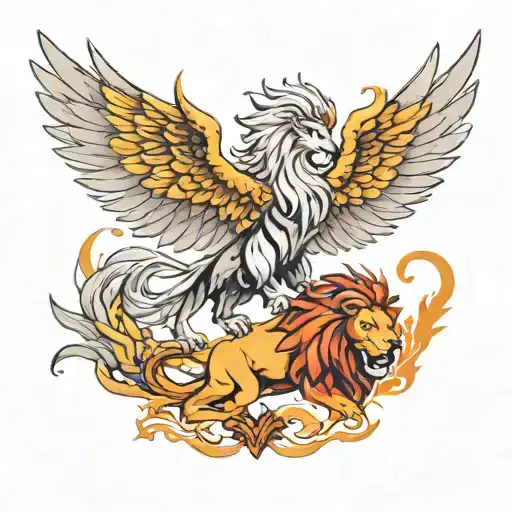 A Pheonix Flying Behind A Lion