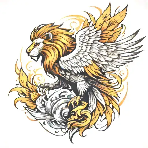 A Pheonix Flying Behind A Lion