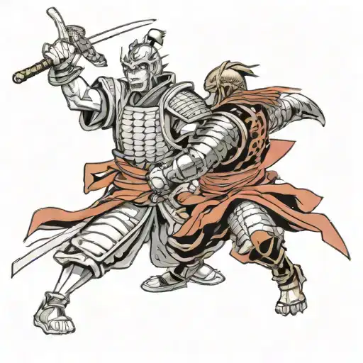 Samurai And Knight Fighting A Kappa And Oni