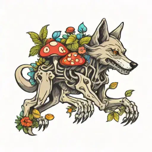 Cartoon Wolf Half Skeleton With Mushrooms Grow
