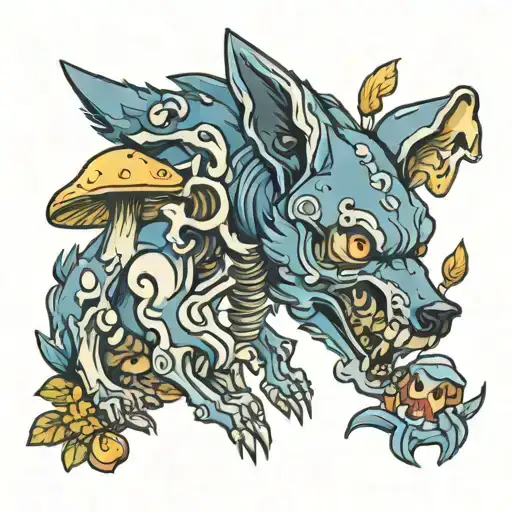 Cute Cartoon Wolf Half Skeleton With Mushrooms Grow