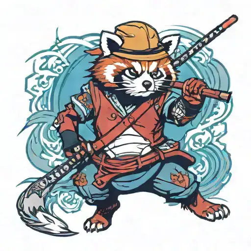 Red Panda Samurai In Full Armor Wearing A Straw Hat Running Into Battle