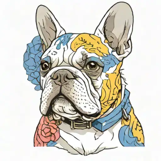 White French Bulldog And Blue And Yellow Background