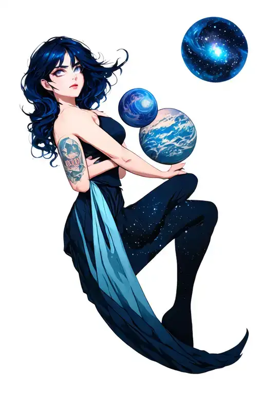 A Woman With Dark Blue Sling With A Galaxy Themed Hair And White Eyes Holding An Unknown Planet