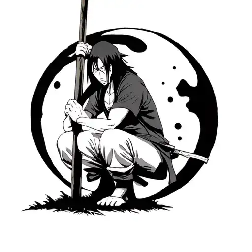 Itachi Crouched On A Pole With The Moon Behind Him With His Mangekyo Sharingan In The Moon