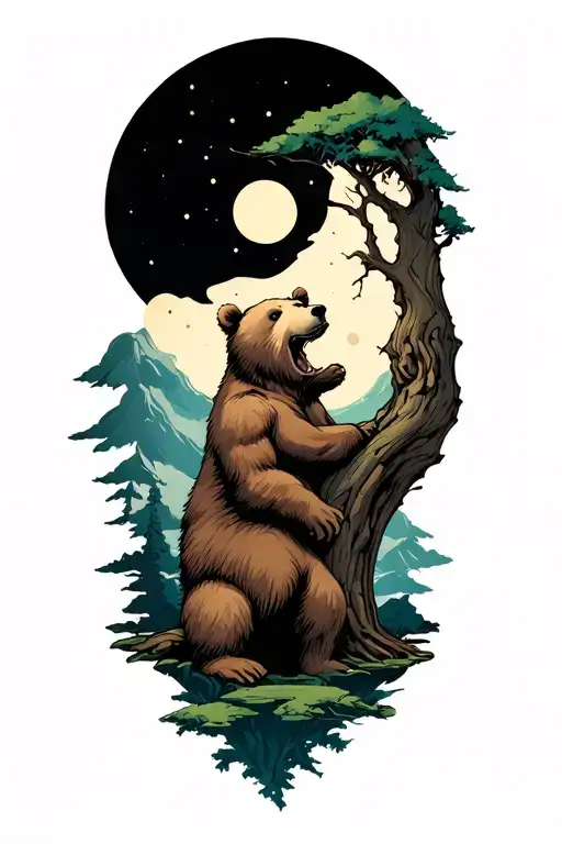 Men Half Sleeve Tree Bear Moon