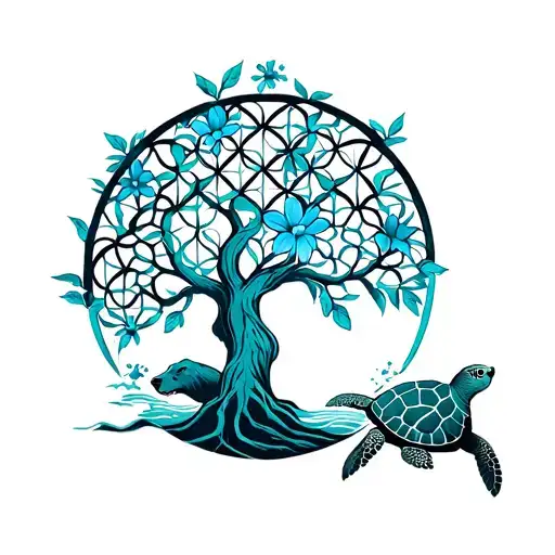 Tree Of Life Intertwined With Flower Of Life Bear And Sea Turtle