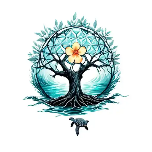Tree Of Life Intertwined With Flower Of Life Bear And Sea Turtle