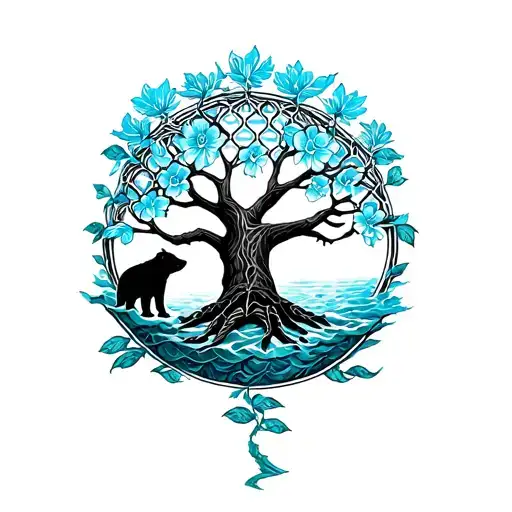 Tree Of Life Intertwined With Flower Of Life Bear And Sea Turtle