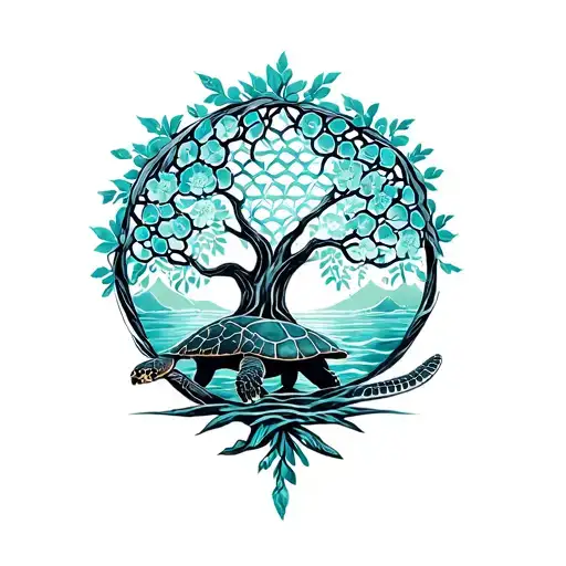 Tree Of Life Intertwined With Flower Of Life Bear And Sea Turtle