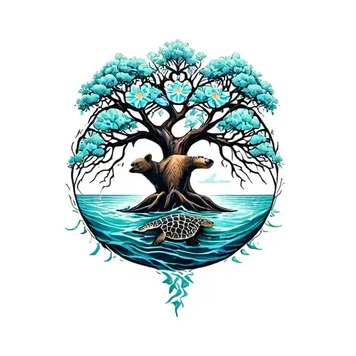 Tree Of Life Intertwined With Flower Of Life Bear And Sea Turtle