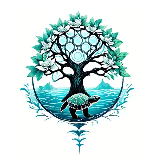 Tree Of Life Intertwined With Flower Of Life Bear And Sea Turtle