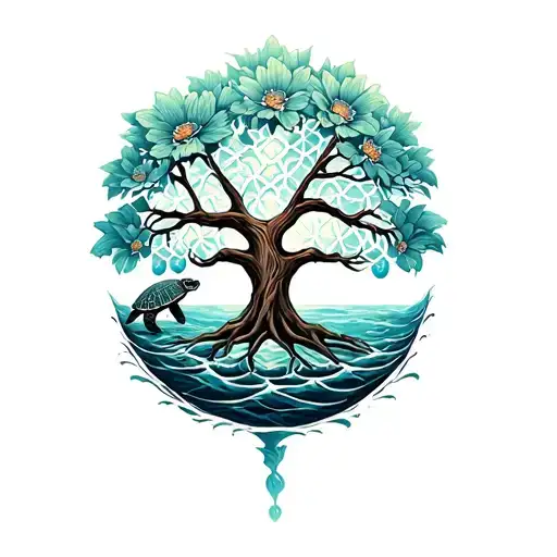 Tree Of Life Intertwined With Flower Of Life Bear And Sea Turtle