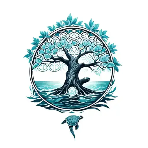 Tree Of Life Intertwined With Flower Of Life Bear And Sea Turtle