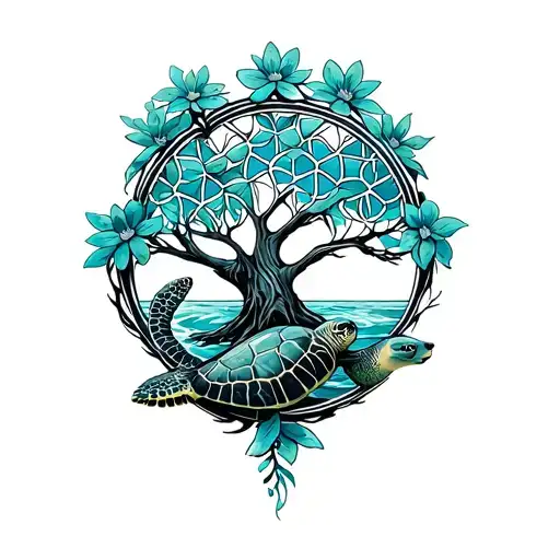 Tree Of Life Intertwined With Flower Of Life Bear And Sea Turtle