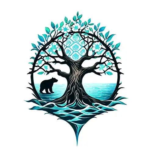 Tree Of Life Intertwined With Flower Of Life Bear And Sea Turtle