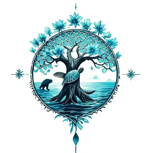 Tree Of Life Intertwined With Flower Of Life Bear And Sea Turtle