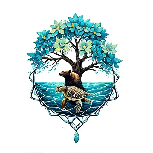 Tree Of Life Intertwined With Flower Of Life Bear And Sea Turtle