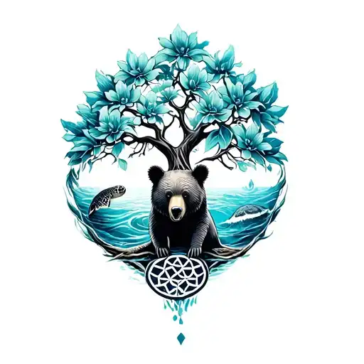 Tree Of Life Intertwined With Flower Of Life Bear And Sea Turtle