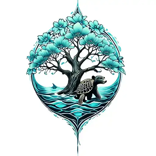Tree Of Life Intertwined With Flower Of Life Bear And Sea Turtle