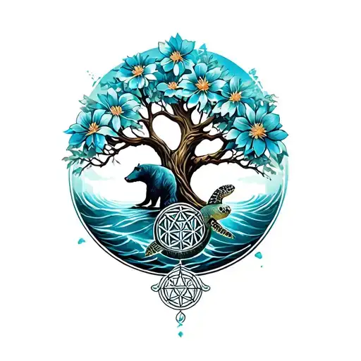 Tree Of Life Intertwined With Flower Of Life Bear And Sea Turtle