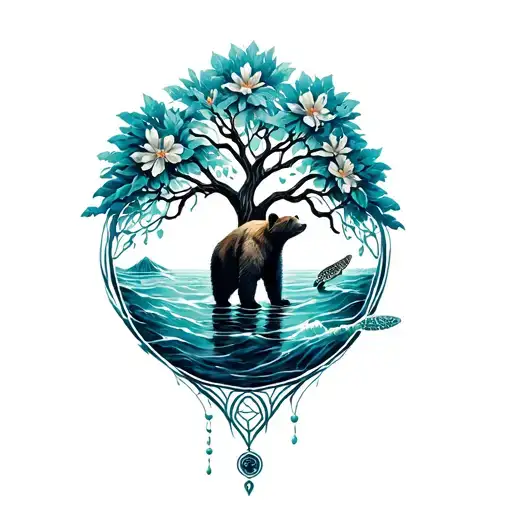 Tree Of Life Intertwined With Flower Of Life Bear And Sea Turtle