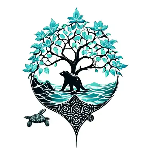 Tree Of Life Intertwined With Flower Of Life Bear And Sea Turtle