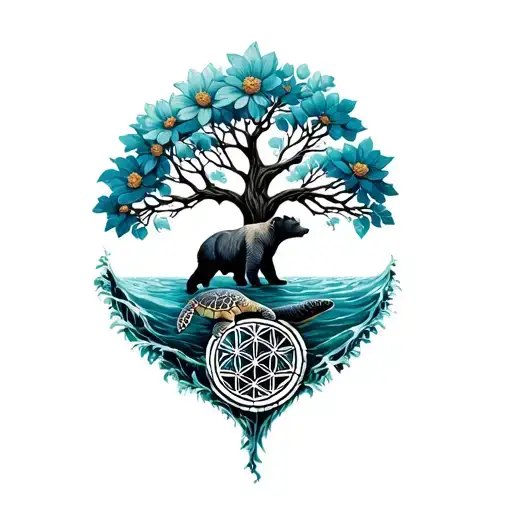Tree Of Life Intertwined With Flower Of Life Bear And Sea Turtle