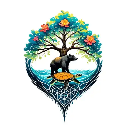 Tree Of Life Intertwined With Flower Of Life Bear And Sea Turtle