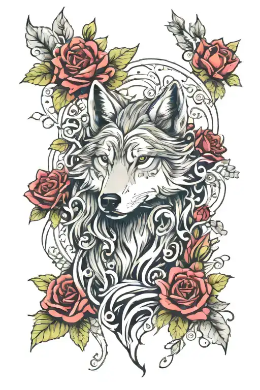 Wolf Blended By Roses And Mayflowers