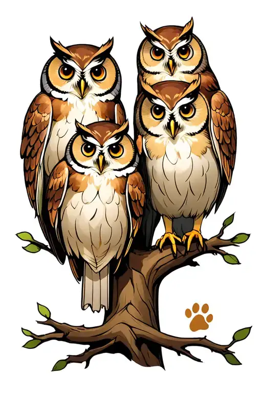 Four Owls On A Tree With A Dog Paw