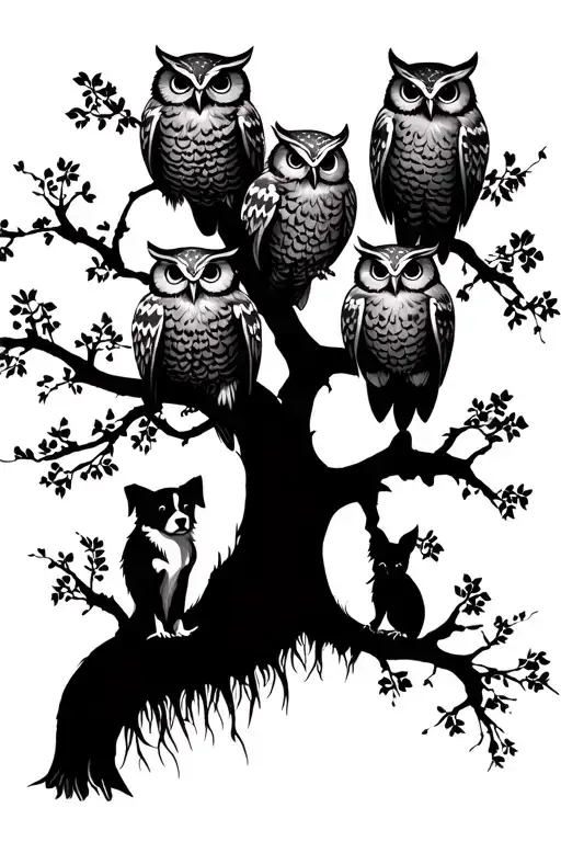 Four Owls On A Tree With A Dog Beside The Tree