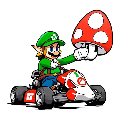 Link From Zelda On A Beat Up Mario Kart Holding A 1 Up Mushroom