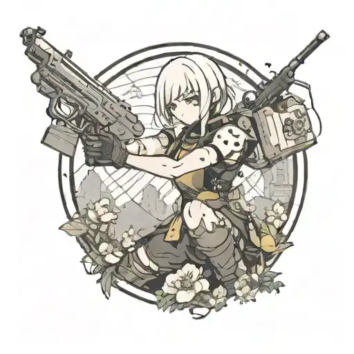 A Traditional Tattoo Of A Nier Automata Character Wielding A Gun In A Gaming Landscape