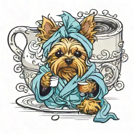 Yorkie Dog In A Bathrobe With A Cup Of Coffee
