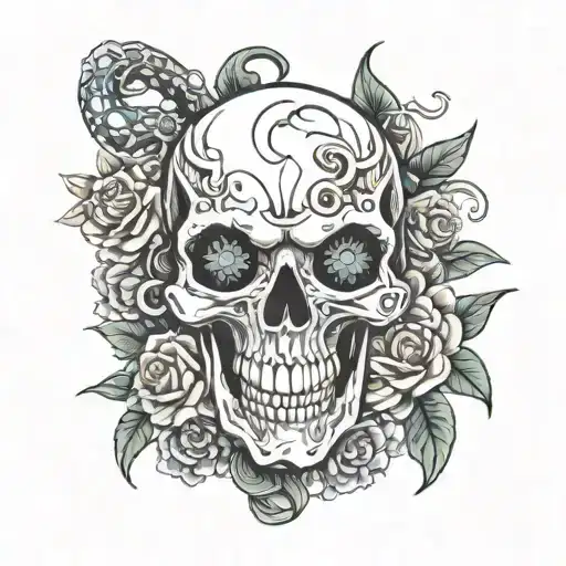 A Skull With Anime-style Eyes Surrounded By Flowers And Snakes