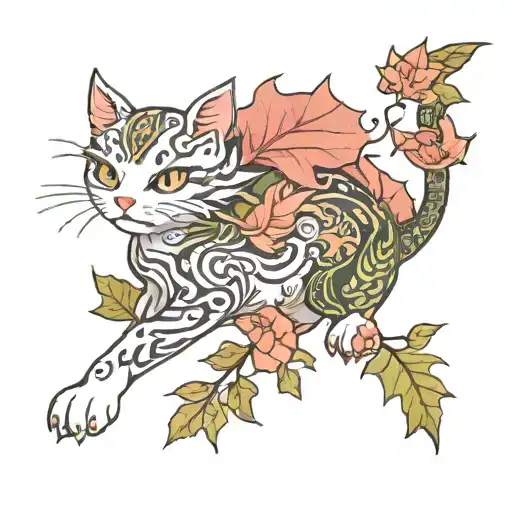 Cat And Dragon With Leafs And Animals