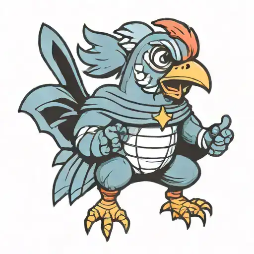 A Traditional Style Tattoo Of A Cartoon Chicken Dressed As A Superhero Saving The Day