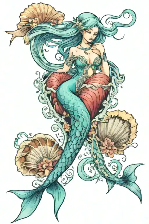 Mermaid Dolphin And Sea Shells Forming A Heart