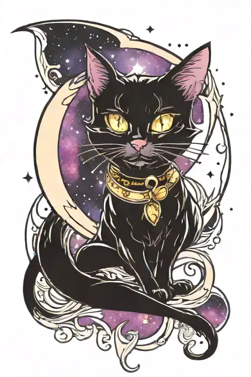 Black Cat With Amythyst Background A Crescent Moon And Galaxy