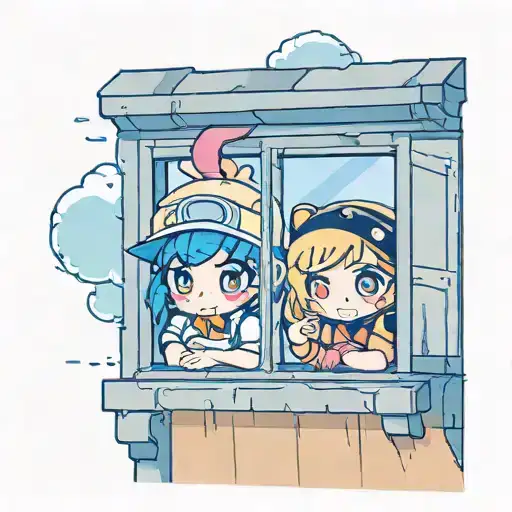 Two Cute Cartoon Characters Sticking Head Out Of Window