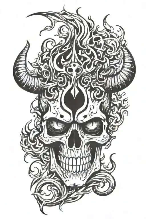 Skull With Horns And Flames