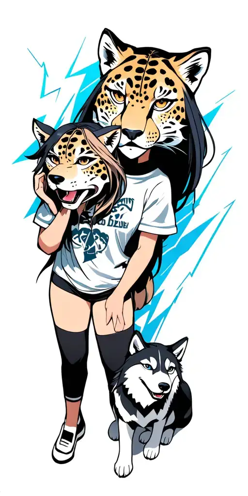 Anime Girl Wearing A Jaguars Head Next To A Husky With Lightning In The Background