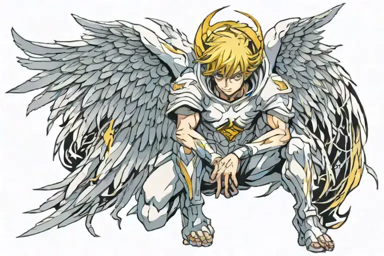 An Angel With Crouching Lightning Bolts Hiding Behind His Wings