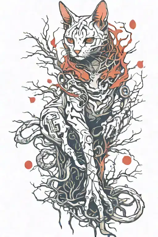 Tree Roots Red Cat Cyberpunk