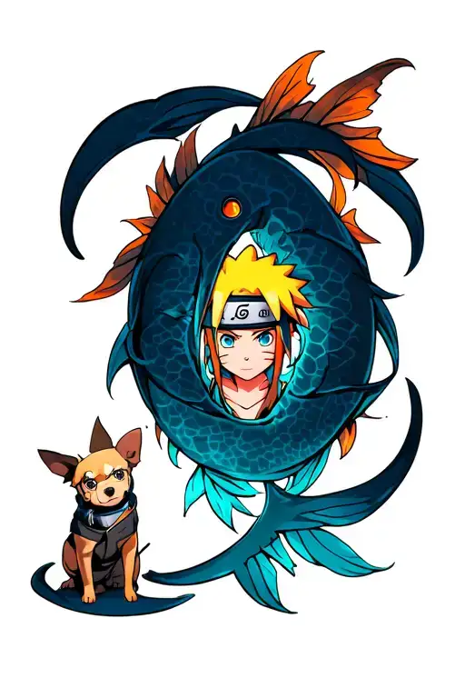 Pisces Symbol With Naruto And Boruto Together And A Small Dog